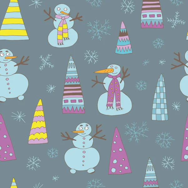 Modèle sans couture avec bonhommes de neige et arbres de Noël. Vecteur. — Image vectorielle