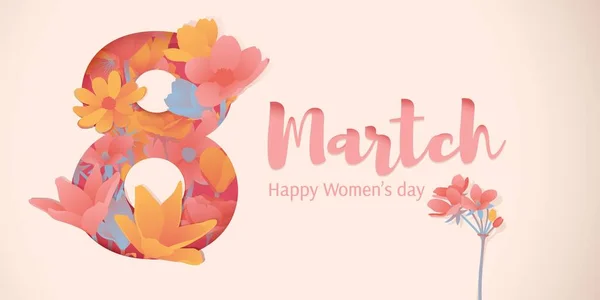 Banner for the International Womens Day. Flyer for March 8 with the decor of flowers. Invitations with the number 8 in the modern style with a pattern of spring plants, leaves and flowers. Vector