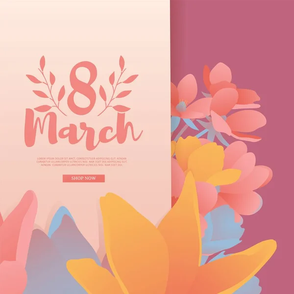 Banner for the International Womens Day. Flyer for March 8 with the decor of flowers. Invitations with the number 8 in the modern style with a pattern of spring plants, leaves and flowers. Vector — Stockvektor