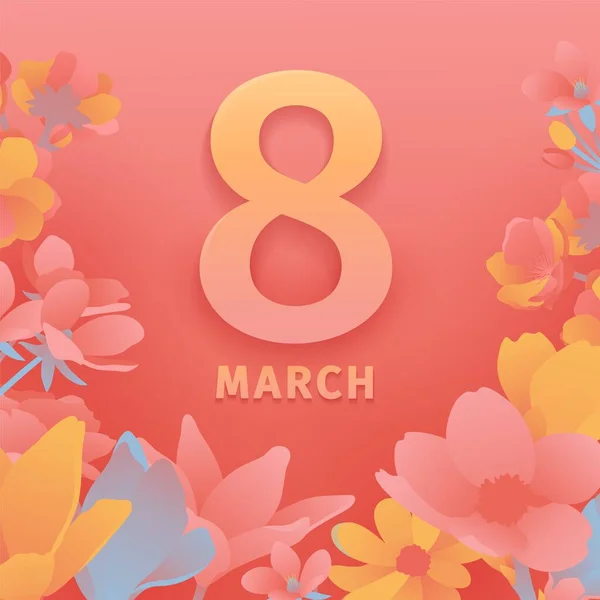 แบนเนอร์สําหรับวันผู้หญิงนานาชาติ ใบปลิวสําหรับวันที่ 8 มีนาคมด้วยการตกแต่งดอกไม้ คําเชิญที่มีหมายเลข 8 ในรูปแบบที่ทันสมัยที่มีรูปแบบของพืชฤดูใบไม้ผลิใบและดอกไม้ เวกเตอร์ — ภาพเวกเตอร์สต็อก