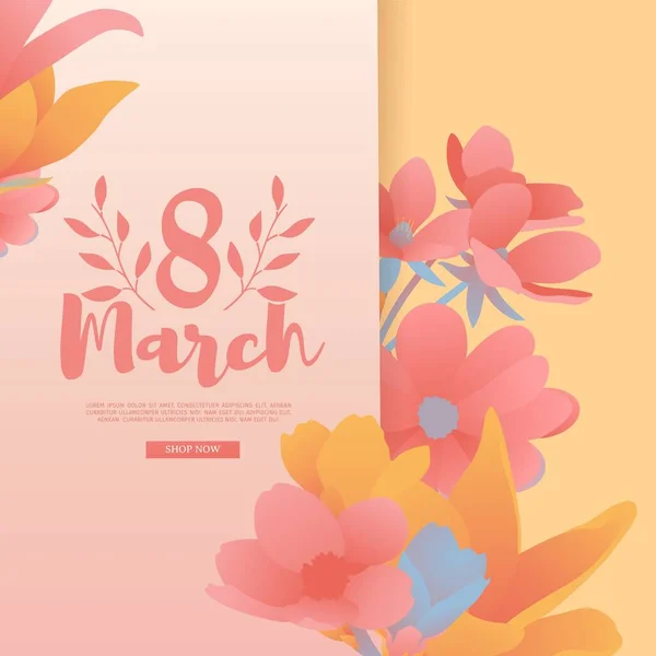 Banner for the International Womens Day. Flyer for March 8 with the decor of flowers. Invitations with the number 8 in the modern style with a pattern of spring plants, leaves and flowers. Vector — Stockvektor
