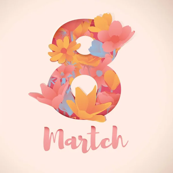 Banner for the International Womens Day. Flyer for March 8 with the decor of flowers. Invitations with the number 8 in the modern style with a pattern of spring plants, leaves and flowers. Vector Grafika Wektorowa