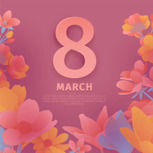 Banner for the International Womens Day. Flyer for March 8 with the decor of flowers. Invitations with the number 8 in the modern style with a pattern of spring plants, leaves and flowers. Vector Stockillustration