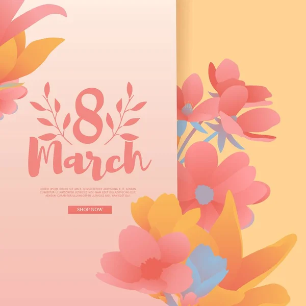 Banner for the International Womens Day. Flyer for March 8 with the decor of flowers. Invitations with the number 8 in the modern style with a pattern of spring plants, leaves and flowers. Vector 로열티 프리 스톡 벡터