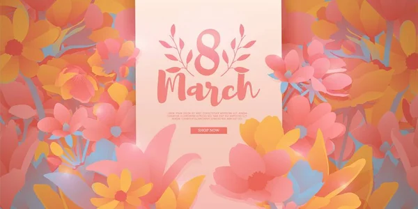 Banner for the International Womens Day. Flyer for March 8 with the decor of flowers. Invitations with the number 8 in the modern style with a pattern of spring plants, leaves and flowers. Vector — Διανυσματικό Αρχείο