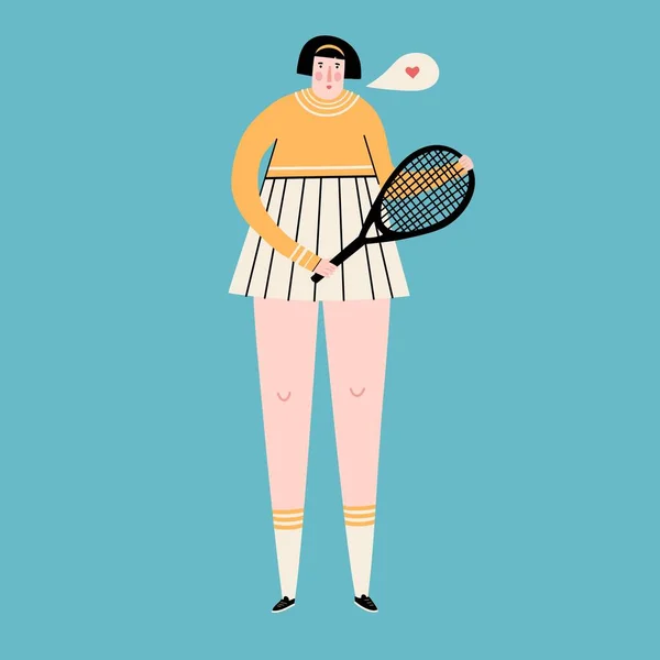 Cute female athlete. Cartoon doodle tennis player with a racket in a sports uniform. Vector. — Stock vektor