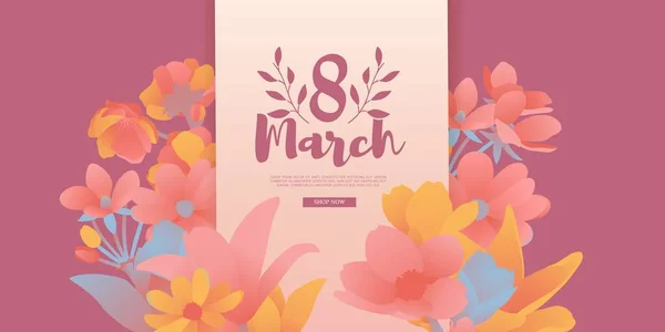 Banner for the International Womens Day. Flyer for March 8 with the decor of flowers. Invitations with the number 8 in the modern style with a pattern of spring plants, leaves and flowers. Vector Grafika Wektorowa