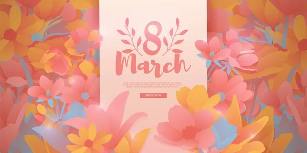 Banner for the International Womens Day. Flyer for March 8 with the decor of flowers. Invitations with the number 8 in the modern style with a pattern of spring plants, leaves and flowers. Vector 스톡 일러스트레이션