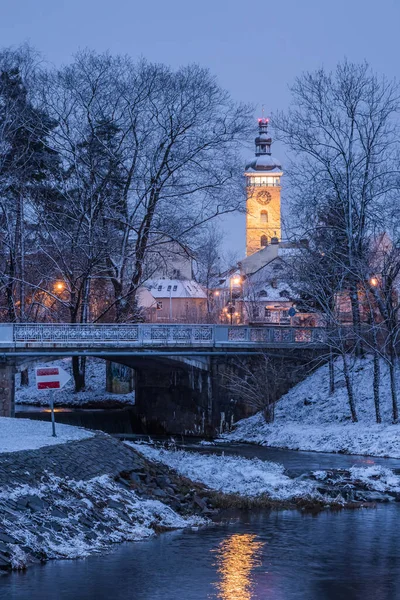 Téli Este Vízparti Történelmi Város Ceske Budejovice Cseh Köztársaságban — Stock Fotó