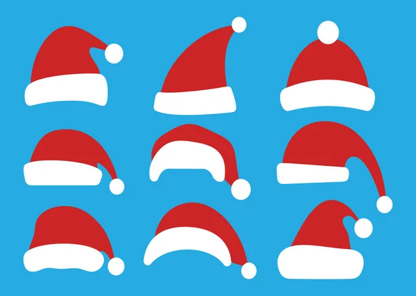 青い背景に隔離されたクリスマスの帽子のセット。サンタクロースの帽子の束。新年とクリスマスの装飾要素。ベクターイラスト — ストックベクタ