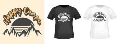 Happy Camper tişört damgası, tişört baskısı, başvuru formu, rozet, etiket kıyafeti ya da diğer baskı ürünleri için tipografi. Vektör illüstrasyonu.