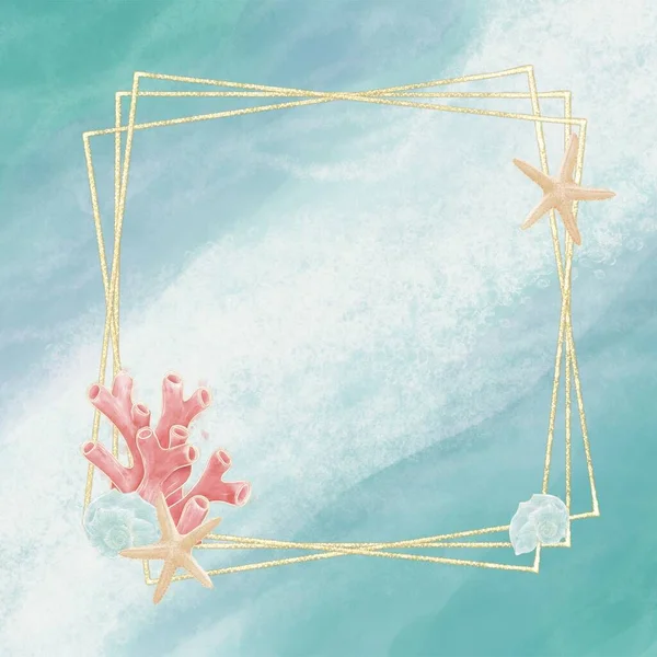 Dekorativer Rahmen Mit Goldenem Umriss Muscheln Korallen Auf Dem Hintergrund — Stockfoto