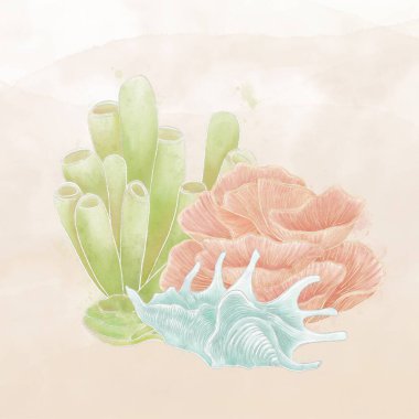 Deniz temalı mercanların bej bir zemin üzerinde deniz kabukları ve dalgalarla çizimleri