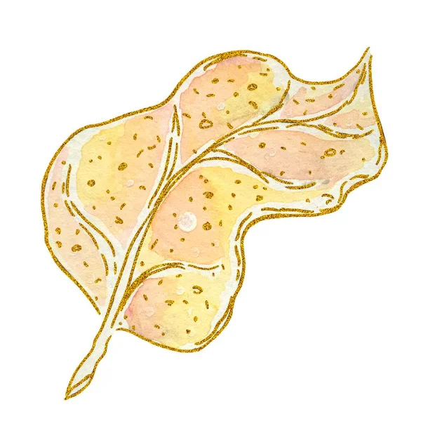 Υδατογραφία Απεικόνιση Ενός Κίτρινου Φύλλου Χρυσό Περίγραμμα Λευκό Φόντο — Φωτογραφία Αρχείου