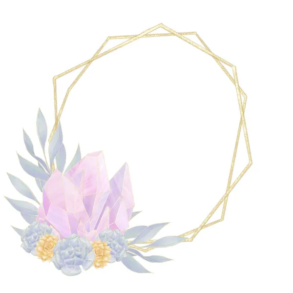 Moldura Assimétrica Decorativa Dourada Com Decoração Cristal Rosa Com Flores — Fotografia de Stock