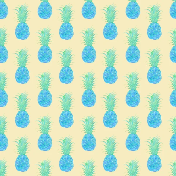 Seamless Bright Pattern Illustrations Blue Pineapple Yellow Background — Stock Photo, Image