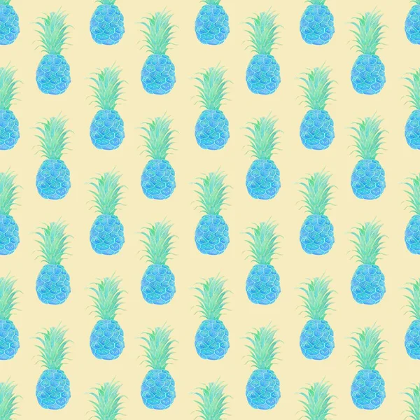 Sömlös Ljus Mönster Illustrationer Blå Ananas Gul Bakgrund — Stockfoto