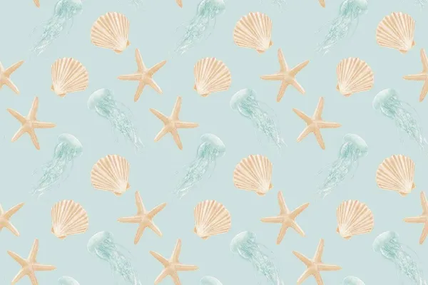 クラゲや貝 ヒトデなどのイラストが描かれた海をテーマにしたシームレスな装飾パターン — ストック写真