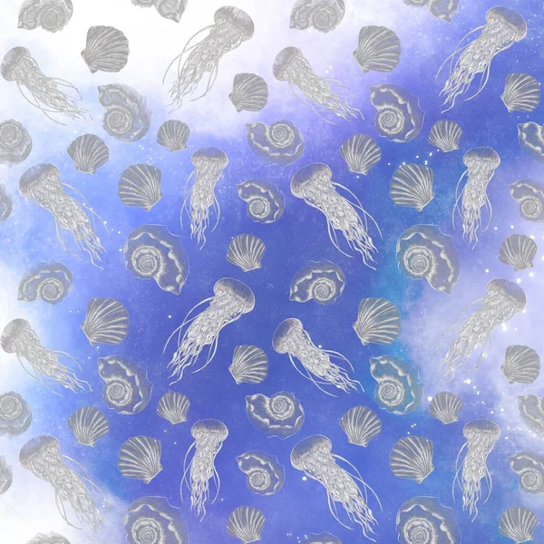 宇宙の空を背景にしたクラゲの銀色のイラスト 貝殻のシームレスなパターン — ストック写真
