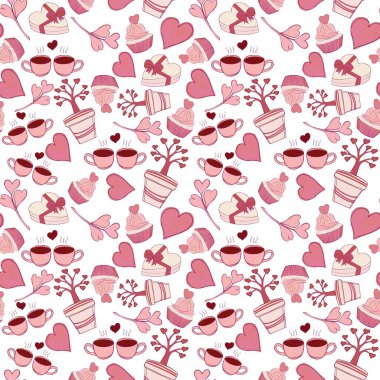 Beyaz bir arka planda şirin pembe, pürüzsüz basit çizimler, tatlılar ve kalpler.