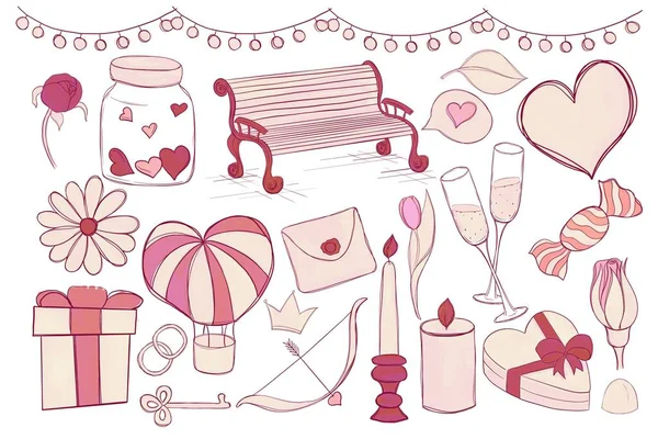 Set Beige Illustrations Holiday Theme Valentine Day — Stock Photo, Image
