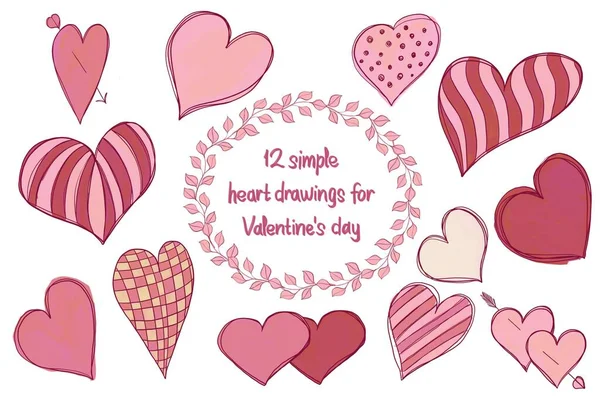 Eine Reihe Von Dekorativen Doodle Illustrationen Von Valentinstag Herzen Mit — Stockfoto