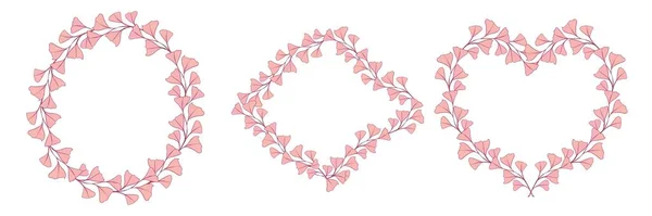 Розовые Декоративные Рамки Листьев Веток Белом Фоне Овальное Сердце Бриллиант — стоковое фото