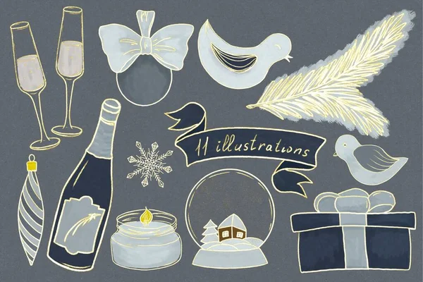 Egy Sor Karácsonyi Illusztrációk Különböző Színekben Kék Arany Madarak Pezsgő — Stock Fotó