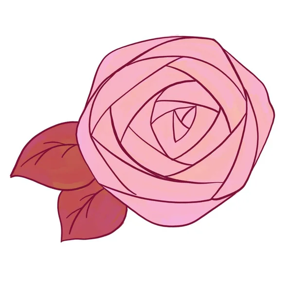 Doodle Ilustrace Růže Měkké Růžové Barvy Červenými Listy — Stock fotografie