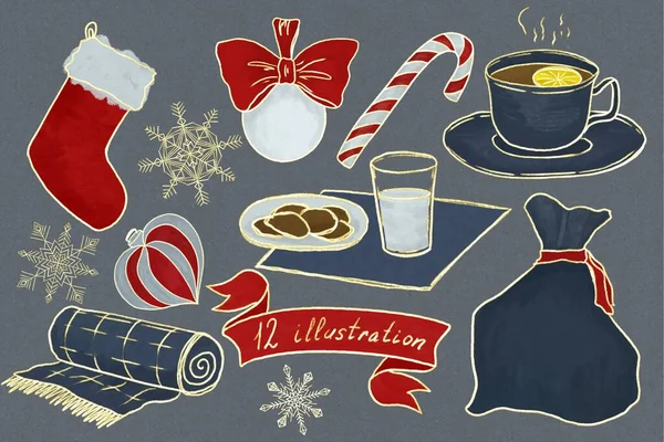 以冬季舒适 棒棒糖 格子花 礼物为主题的装饰插图 — 图库照片