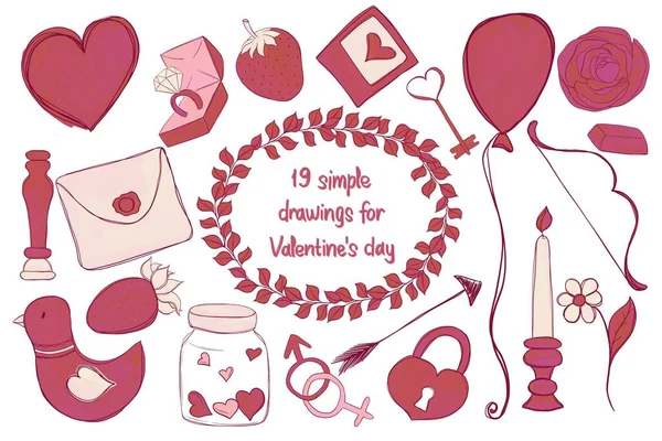Rote Dekorative Thematische Illustrationen Für Verliebte Valentinstag Luftballons Blumen Ringe — Stockfoto