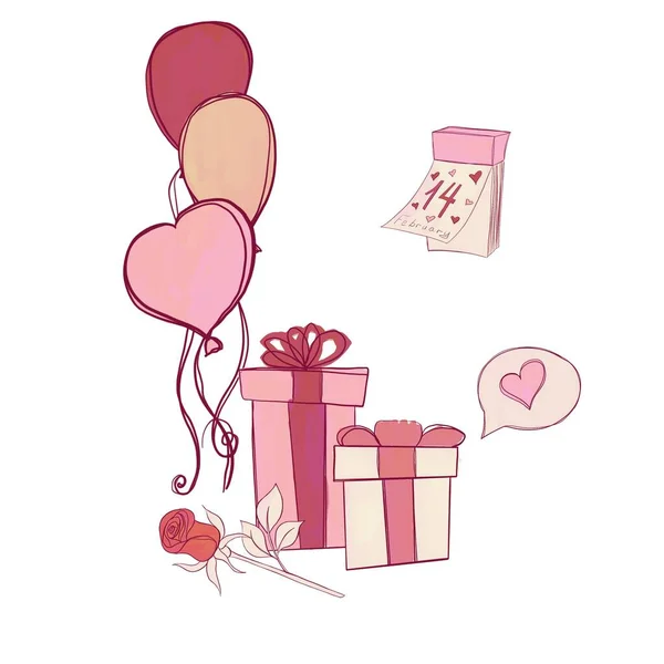 Kompositionen Aus Einfachen Illustrationen Geschenke Luftballons Eine Blume Und Ein — Stockfoto