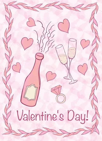かわいい構図 ピンクのシャンパン バレンタインカード — ストック写真
