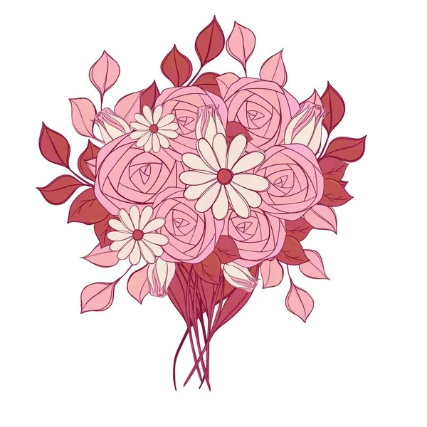 Pink Bouquet Simple Illustrations Flowers Daisies Roses White Background — Stock Fotó