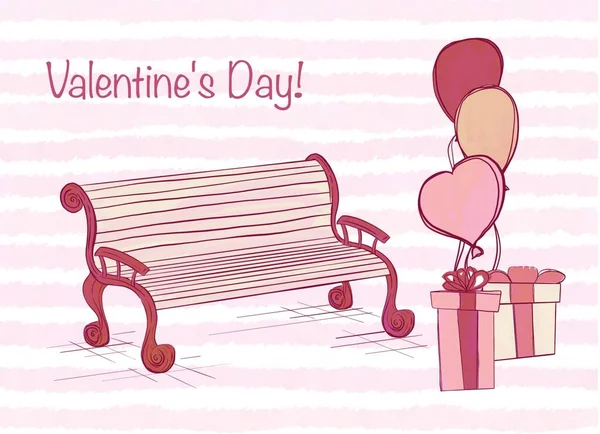 ロマンチックな構成 風船付きピンクのベンチ かわいいバレンタインデーカード — ストック写真
