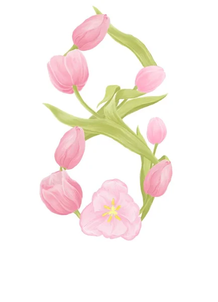 Képeslap Sablon Március Ára Nemzetközi Nőnap Nyolc Rózsaszín Tulipán — Stock Fotó