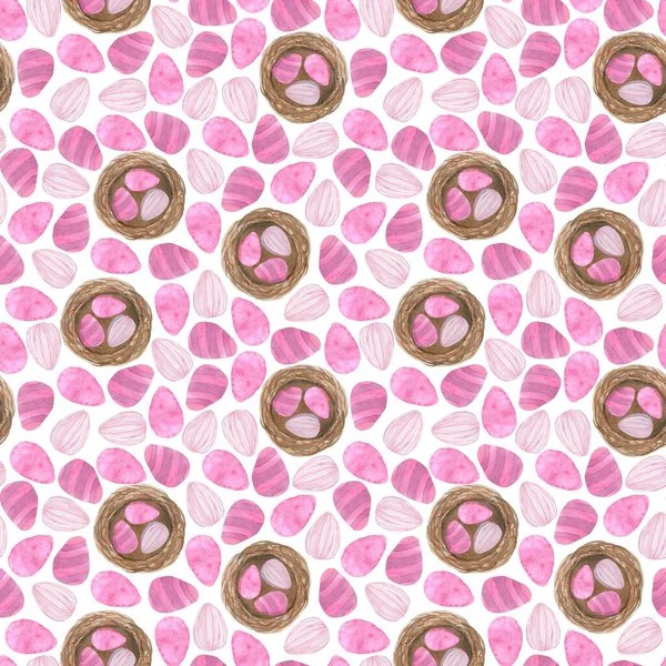 Пасхальный Узор Акварельных Иллюстраций Розовые Декоративные Яйца Яйца Гнезде Белом — стоковое фото
