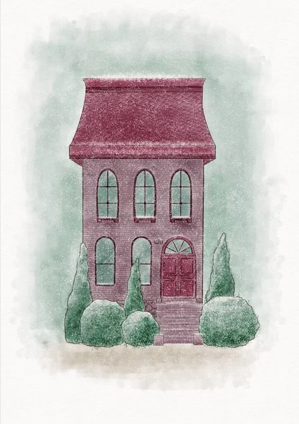 茂みや木 雪と小さな家のかわいい水彩画のイラスト — ストック写真