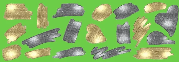 Набір Штрихів Золотої Срібної Фарби Оголених Тонах Зеленому Фоні Хромати — стокове фото