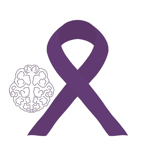 認知症との戦いのシンボル 脳の輪郭線のイラストを持つ紫色のリボン — ストック写真