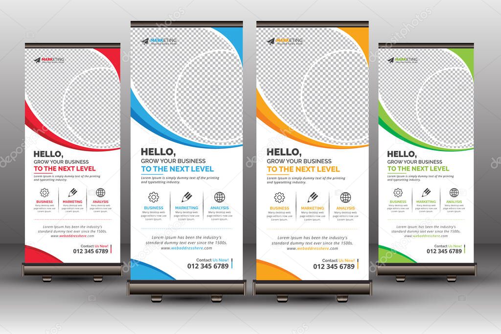Red, Blue, Yellow, Green Corporate Roll Up Banner Template Design, Modern Unique Business Signage Standee Layout