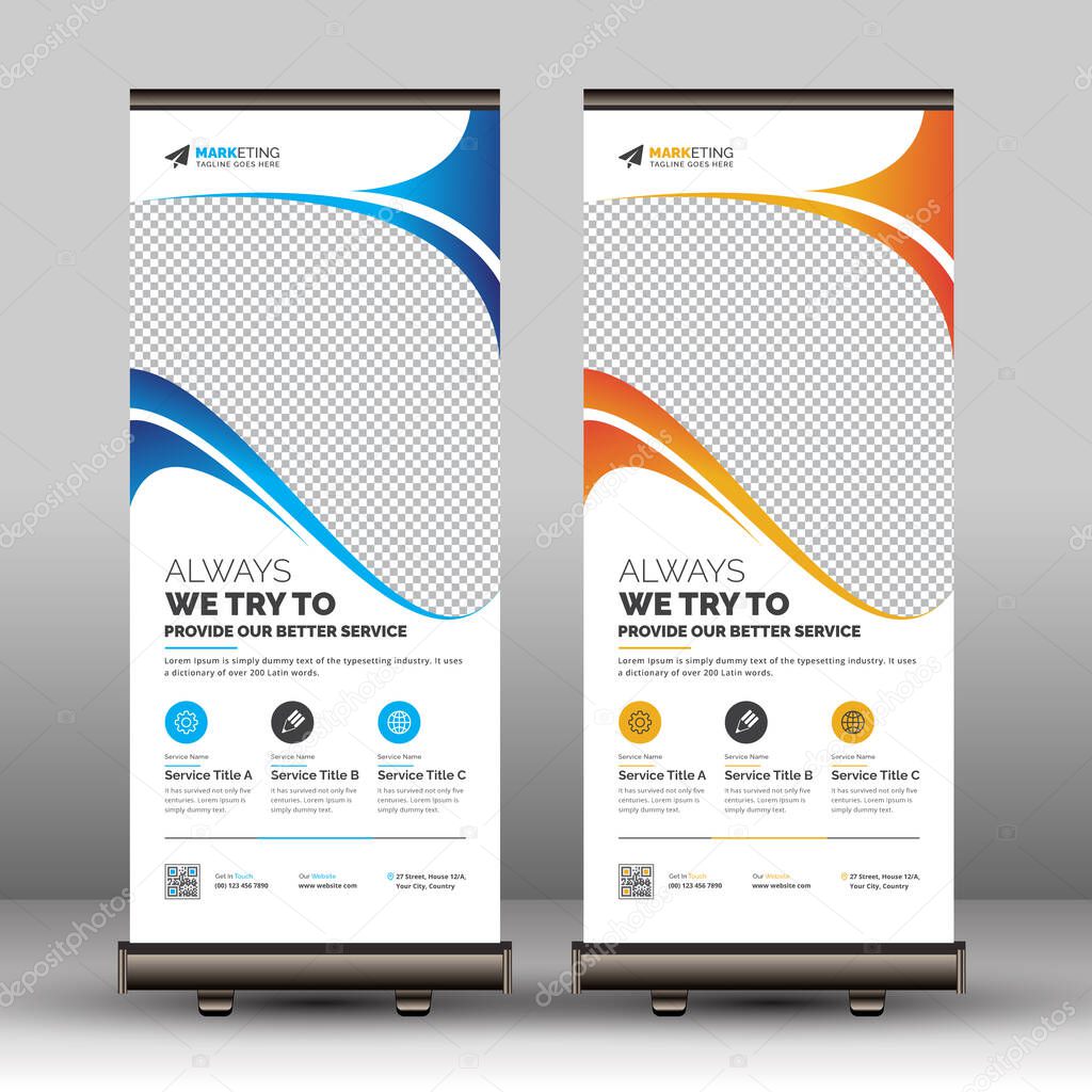Modern Red, Blue, and Yellow Business Roll Up Banner Signage Template Set Unique Design | Print Ready Corporate Standee Layout for Office, Company, and Multipurpose Use