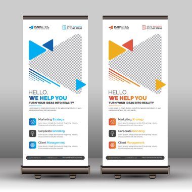 Blue Yellow Corporate Roll Banner Şablon Örnek, Modern Business Standee X Banner Soyut Şekillerle Açılan Tasarım Örnekleri