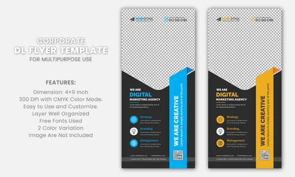 Blue and Yellow Modern Clean Stylish Trendy Corporate Business DL Flyer Rack Card Template Vector Unique Design with Black Background for Publication, Marketing, Advertisement, Multipurpose Use