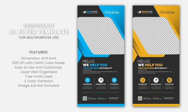Abstract Blue, Yellow Corporate DL Flyer Rack Card Template Clean Design for Advertisement and Multipurpose Use with Black Background