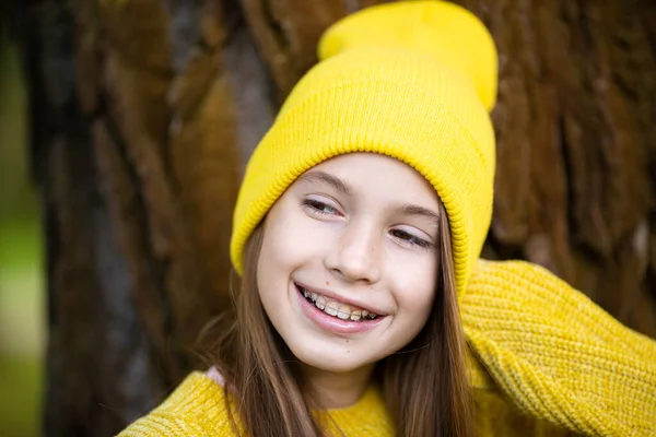 Portrait Modern Happy Teen Girl Dental Braces Dressed Yellow Clothes — Stock Photo, Image