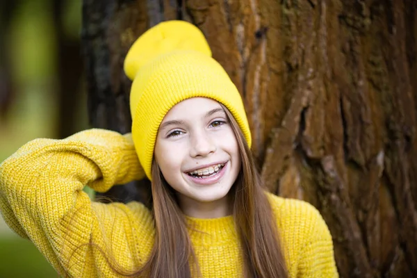 Portrait Modern Happy Teen Girl Dental Braces Dressed Yellow Clothes — Stock Photo, Image