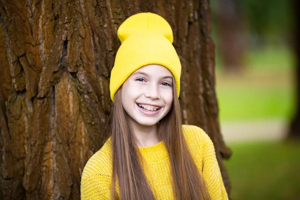 Cute Happy Teen Girl Braces Smiling Camera Yellow Clothes Park — Stock Photo, Image