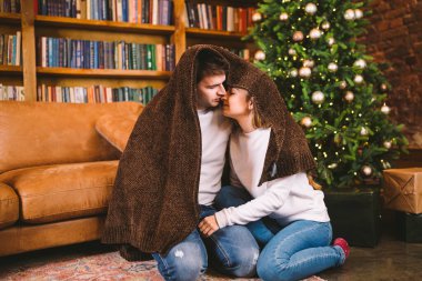 Mutlu aile Noel arifesinde battaniyenin altında akşam evde Noel ağacının yanında. Aile, Noel 'i kış tatilinde halıya sarılı olarak geçiriyor. Kış büyüsü zamanı, peri masalı heyecanı.