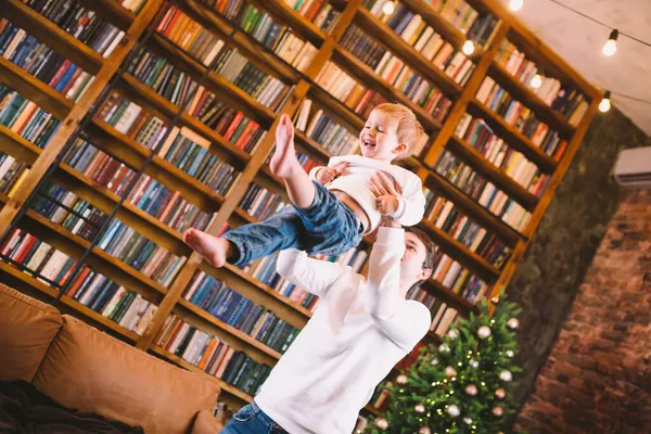 Happy Young Father Little Son Playing Christmas Evening Home Playful — Stock Photo, Image